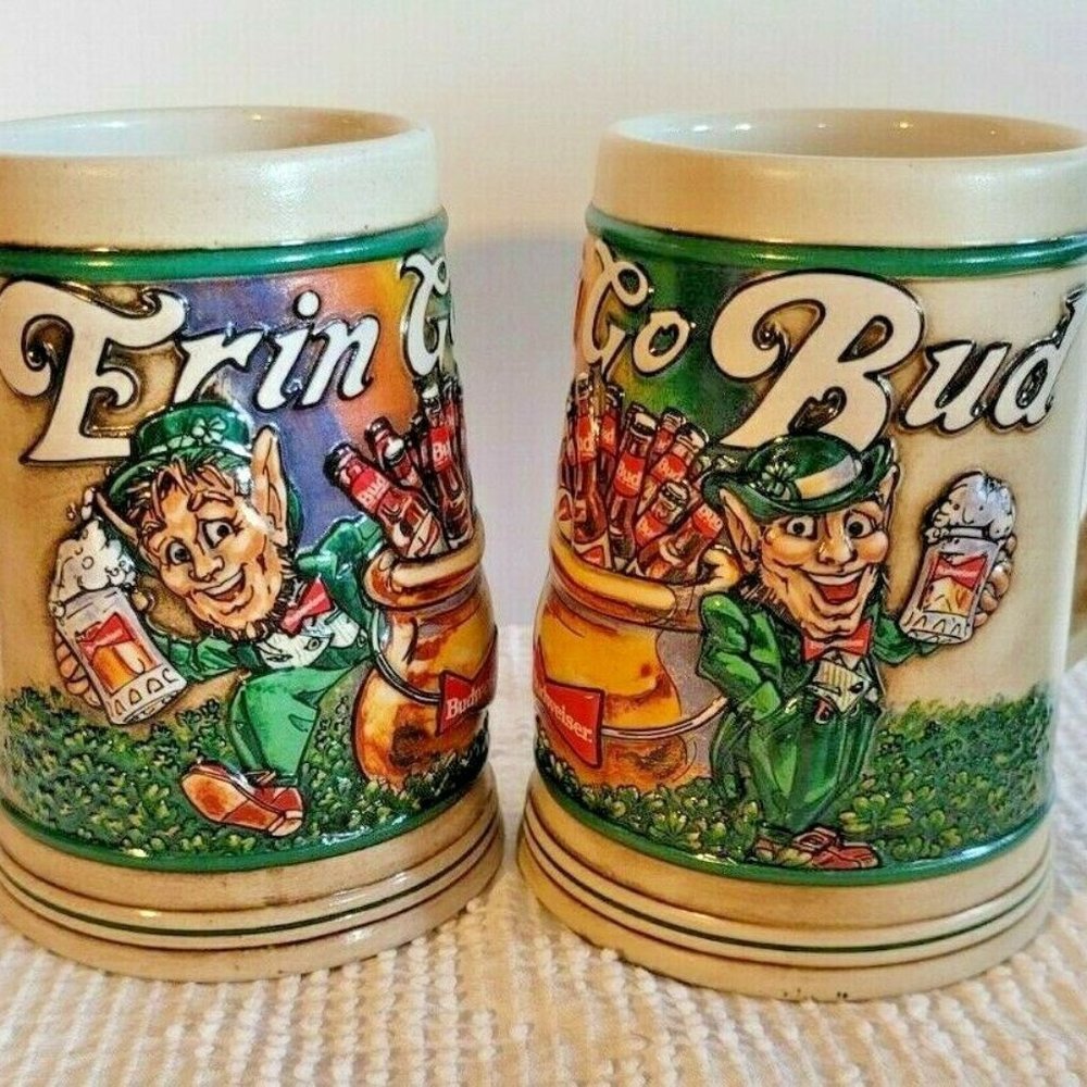 Anheuser Busch Budweiser Mugs Stein Erin Go Bud Leprechaun St Patrick’s Day 1992